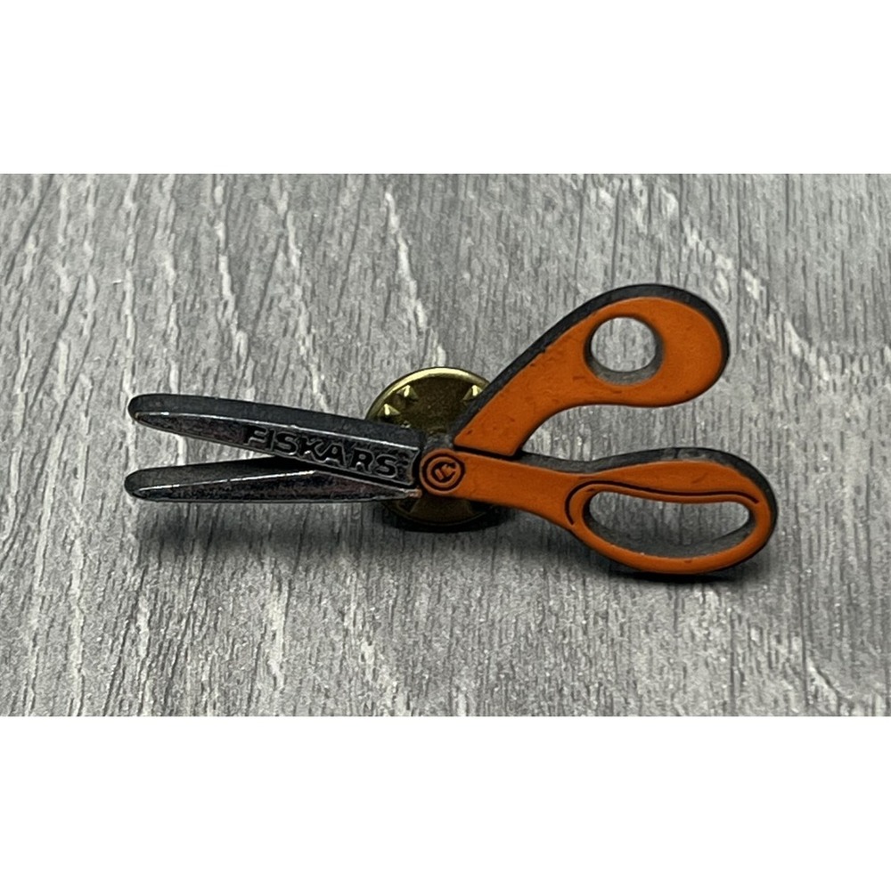 Vintage Fiskars Orange Handle Scissors Lapel Pin Advertising Promo Crafting